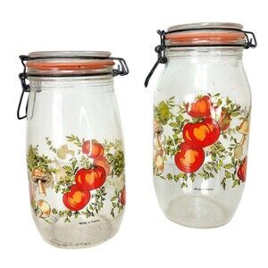 VTG 70s MCM Spice of Life CorningWare Glass Mushroom Vegetable Jars 1.5  2 liter